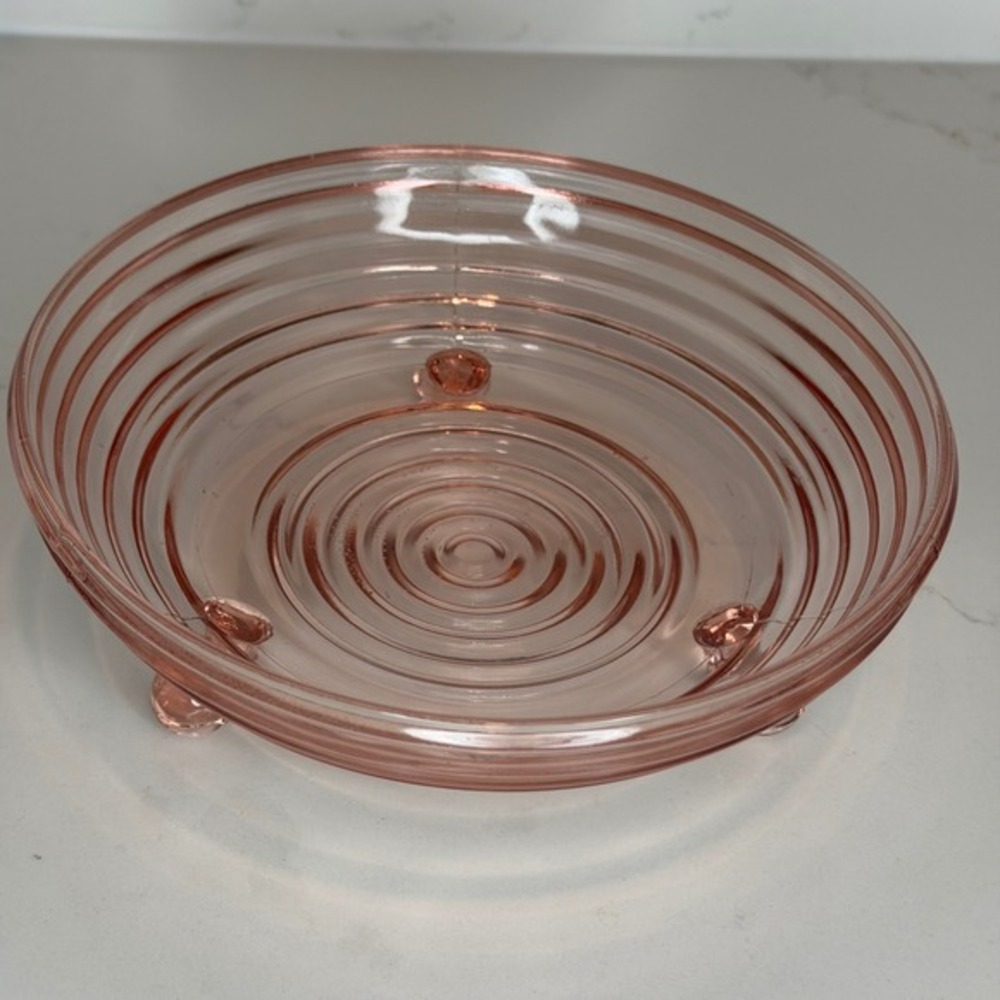 Vintage Anchor Hocking Manhattan Pink 3-Footed Open Candy Dish Ribbed Footed 7" - Picture 2 of 6